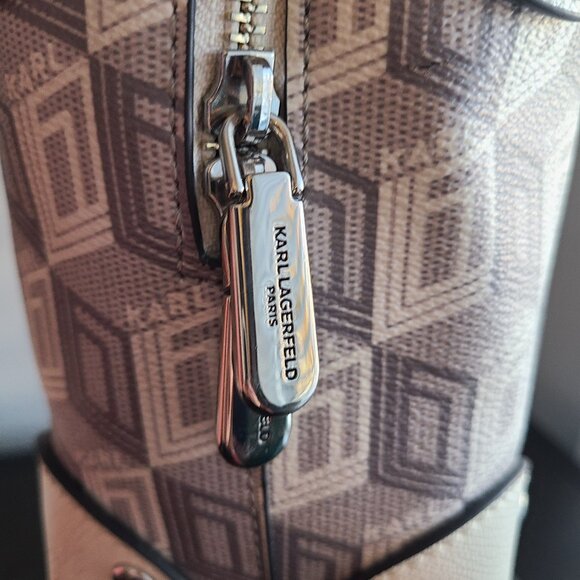 KARL LAGERFELD Valette Logo Leather Double Top Handle Bag WHITE/GRAY - Picture 4 of 11